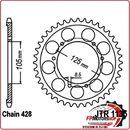 CORONA PER TRASMISSIONE MOTO JT 1135 Z62 JTR1135.62 62 DENTI ACCIAIO PASSO 425